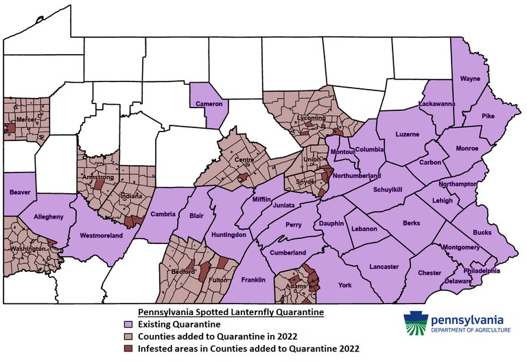 Updated map of Pennsylvania showing the counties currently under spotted lanternfly quarantine