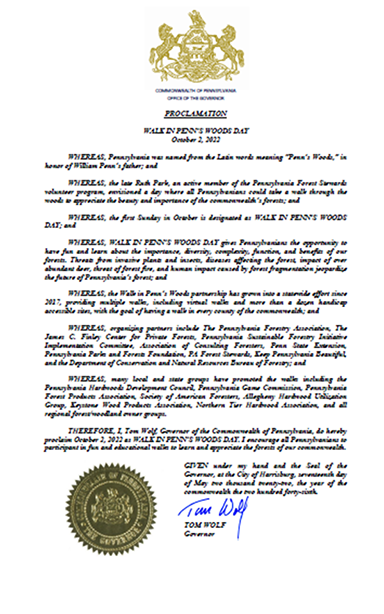 Governor Wolf's proclamation declaring October 2 2022 the 2022 Walk in Penn's Woods Day