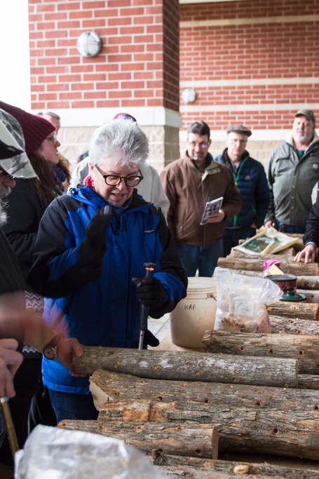 Learning the basics of mushroom log cultivation. 