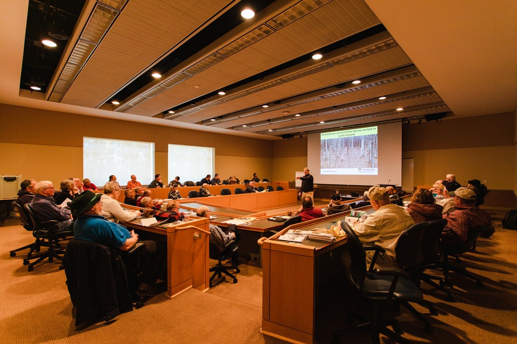 David Schmit, Forestry Communications-Specialist, PA DCNR Bureau of Forestry, speaking on "Woodlot Improvement, Crop Tree Release, and Firewood Cutting: A Synthesis".  Photo credit: Laura Kirt Studios