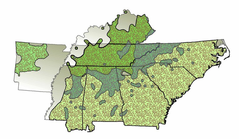 TACFs Southern Appalachian Region with C. dentata, C. pumila, and C. ozarkensis ranges.