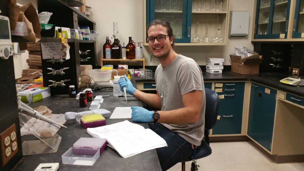 Like nitrogen, phosphorus can be a pollutant in aquatic ecosystems. Curt McConnell, a PhD student in the Kaye Lab, is pictured preparing soluble phosphorus extracts for analysis. He is comparing soil factors that influence the losses of phosphorus from agricultural systems.